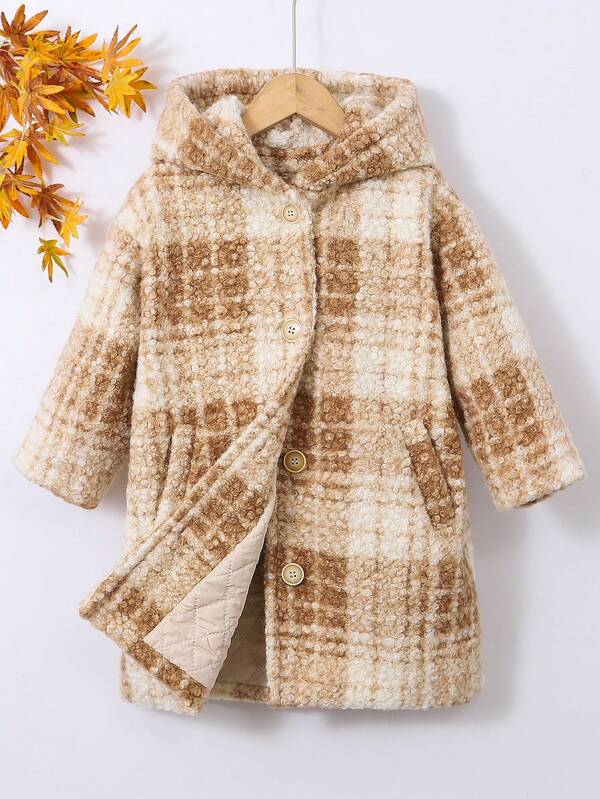 SHEIN Young Girl Plaid Print Slant Pocket Hooded Tweed Overcoat