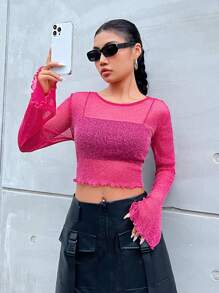 SHEIN EZwear Ren Mộc nhĩ Mùa vụ Long lanh Lưới Áo Không có áo ngực - Màu Hồng Tươi - Xem 5