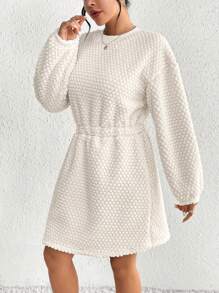 SHEIN Essnce 素色落肩袖搖粒絨洋裝 - 灰色 - 查看 4