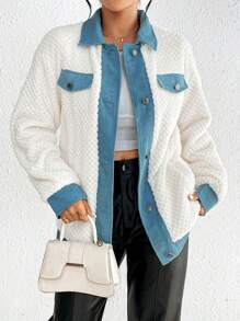 SHEIN Essnce Contrast Trim Drop Shoulder Flap Detail Flannel Coat - White - View 1