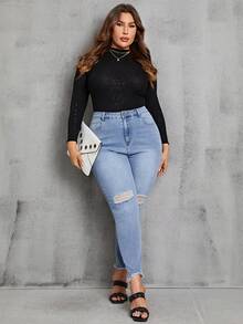 SHEIN Privé Hơn Rách Cắt Thô Quần jean ôm - Rửa nhẹ - Xem 6