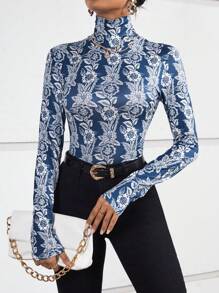 SHEIN Frenchy In hoa Cổ cao Áo thun - Màu xanh lam - Xem 1