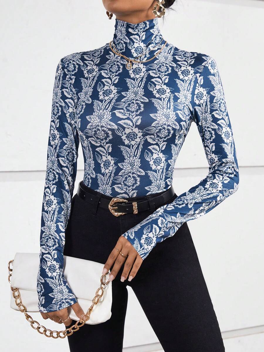 SHEIN Frenchy In hoa Cổ cao Áo thun - Màu xanh lam - Xem 1