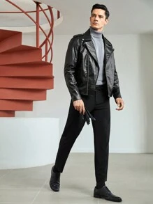 GENTILAND Nam Dây kéo chất liệu da PU Áo khoác moto - màu đen - Xem 5