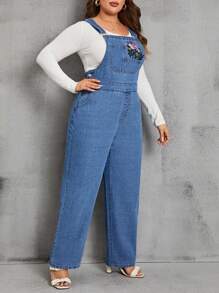 SHEIN Privé 大碼花卉刺繡牛仔背帶褲不帶T恤 - 藍色 - 查看 5