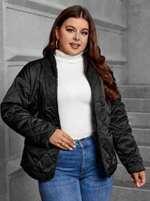 SHEIN Clasi Plus Dual Pocket Belted Quilted Coat - Black - View 4
