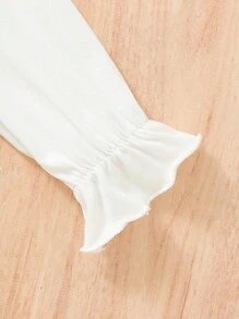 女嬰格紋印花荷葉邊喇叭袖前蝴蝶結假兩件洋裝 - 酒紅色 - 查看 4