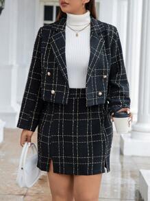 SHEIN Unity Plus Plaid Double Breasted Blazer & Split Hem Skirt, For Winter