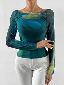 SHEIN Unity Camiseta crop de tie dye fruncido delantero de manga raglán - Verde - Ver 4