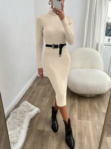 EURMUSE Turtleneck Split Thigh Sweater Dress Without Belt - Apricot - View 6