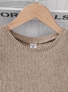 SHEIN Váy tay dài cổ tròn đính cườm màu trơn cho cô gái Tween - Màu Khaki - Xem 3
