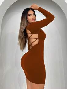 SHEIN SXY Criss Cross Backless Bodycon Dress - Brown - View 3