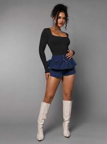 Silquee Square Neck Slim Fit Tee Bodysuit - Black - View 7