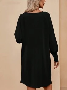 SHEIN LUNE Chất rắn Cổ v Váy áo thun - màu đen - Xem 2