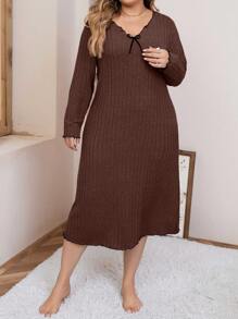 加大码 生菜边饰 前部结饰 罗纹针织 睡衣 睡裙 长裙 - 棕色 - 查看 4