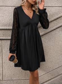 SHEIN LUNE Vestido con encaje en contraste de manga con volante