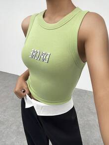 SHEIN EZwear Đồ họa Chữ cái Đồ đan Ribbed Crop Tank Top - Bụi hồng - Xem 3