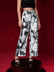Marilyn Monroe X SHEIN Figure Graphic Wide Leg Pants - Black - View 3