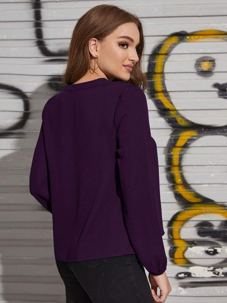 SHEIN Clasi قميص أنيق بياقة على شكل حرف V وأكمام طويلة للمكتب للنساء - الأرجواني - مشاهدة 2