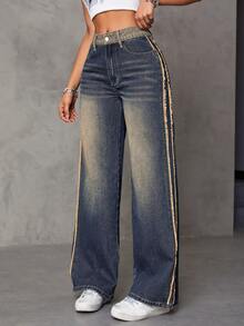 SHEIN ICON Contrast Tape Side Straight Leg Jeans - Dark Wash - View 5