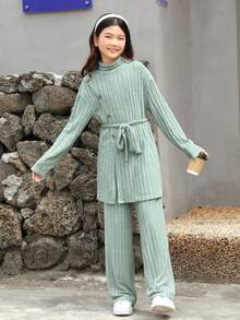 Tween Girl Turtleneck Drop Shoulder Belted Tee & Pants - Mint Green - View 6