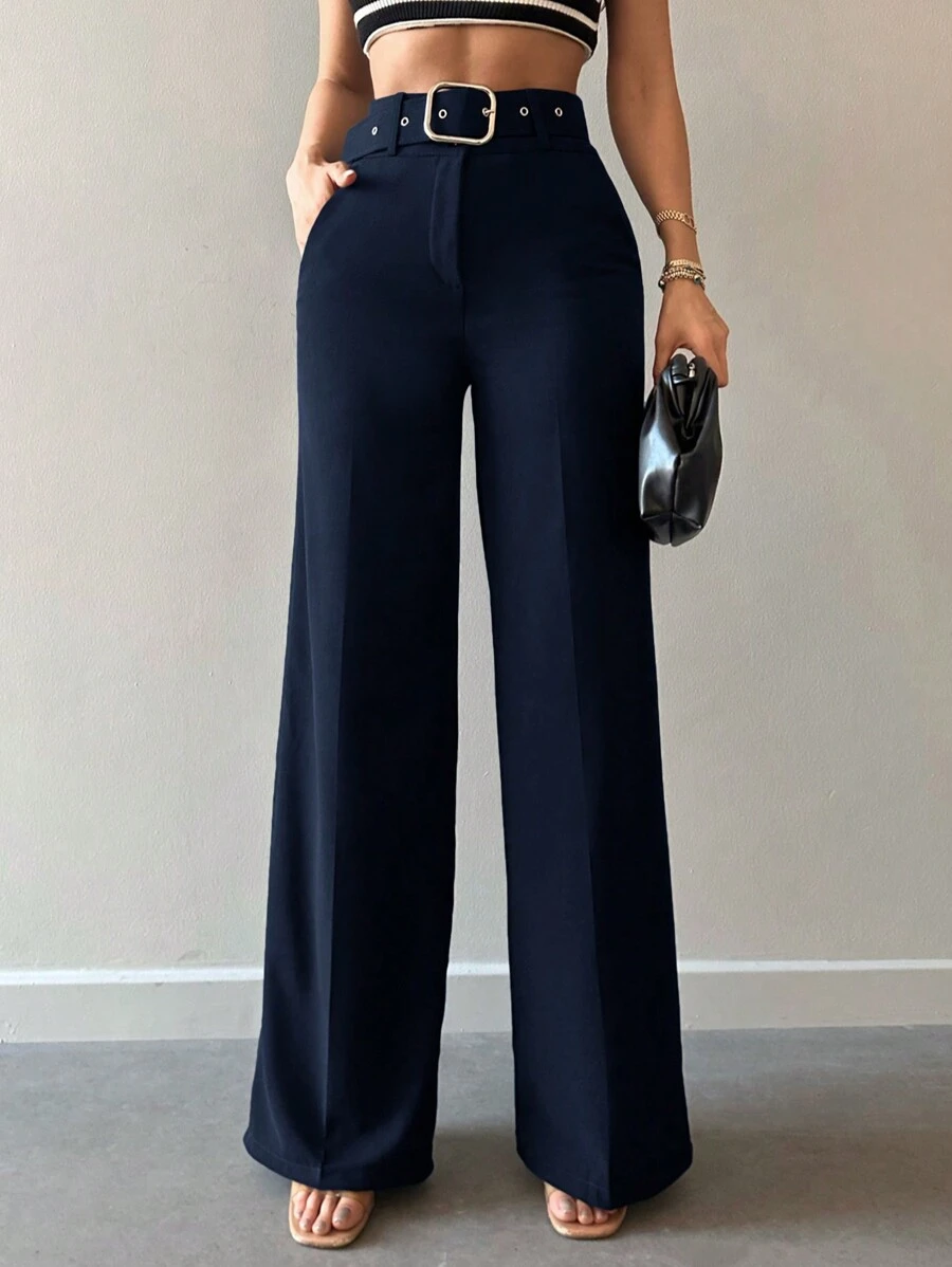 High Waist Belted Wide Leg Suit Pants