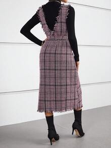 SHEIN Privé 格紋印花毛邊緣背帶洋裝不帶T恤 - 紅色 - 查看 2
