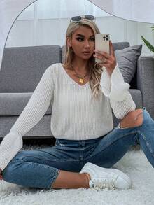 SHEIN LUNE 1pc Solid Flare Sleeve V Neck Sweater - Apricot - View 5