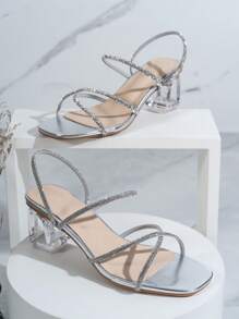 春夏时尚高跟凉鞋，饰有水晶和玻璃水钻，适合女性休闲户外穿着，情人节礼物 - 銀色 - 查看 5