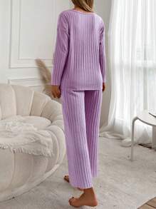 RueChic Letter Graphic Drop Shoulder Tee & Pants Lounge Set - Mauve Purple - View 2