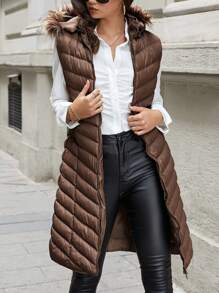 EURMUSE Zip Up Hooded Puffer Vest Coat - Brown - View 1