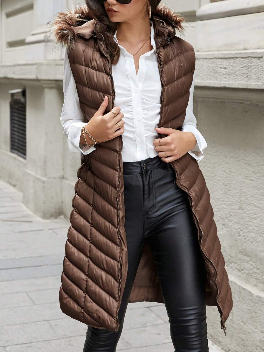 EURMUSE Zip Up Hooded Puffer Vest Coat - Brown - View 1