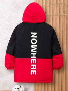 SHEIN Tween Boy Two Tone Letter Graphic Flap Pocket Hooded Padded Coat - Black - View 1