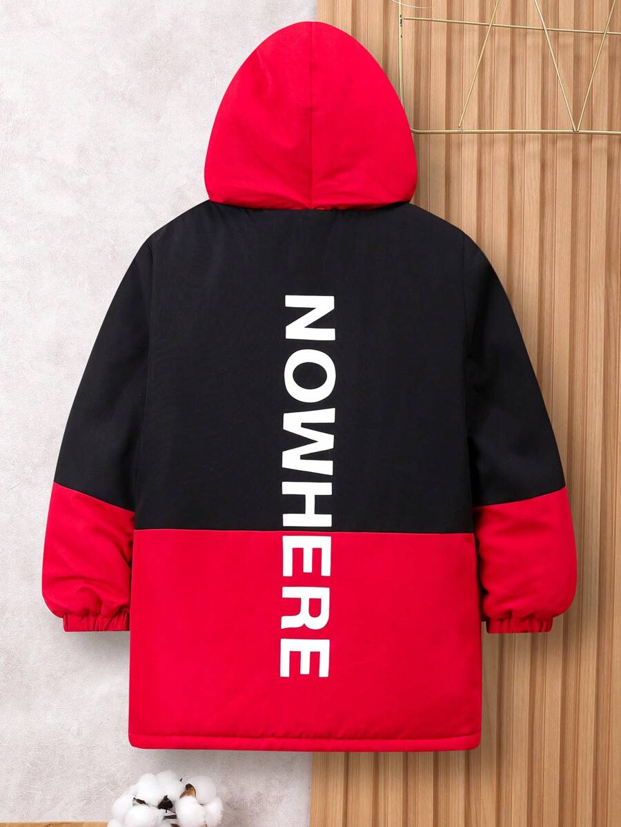 SHEIN Tween Boy Two Tone Letter Graphic Flap Pocket Hooded Padded Coat - Black - View 1