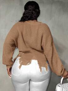 Slaydiva Plus Drop Shoulder Distressed Trim Sweater In Fall/Winter - Khaki - View 2