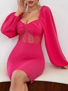 SHEIN Privé Ren tương phản Lá sen tỉa Tay áo lồng đèn Đầm ôm sát ngực - Màu Hồng Tươi - Xem 5