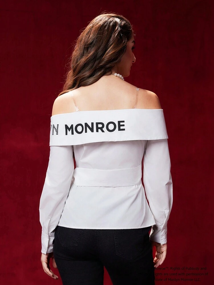 Letter Graphic Off Shoulder Knot Side Wrap Blouse