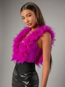 SHEIN BAE Plunging Neck Layered Mesh Ruffle Trim Bodysuit - Hot Pink - View 4