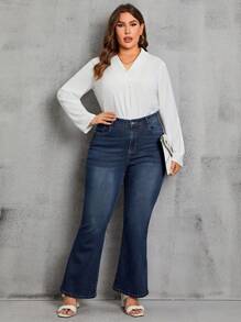 SHEIN Privé Talla grande Jeans de pierna amplia con cremallera - Azul lavado oscuro - Ver 5