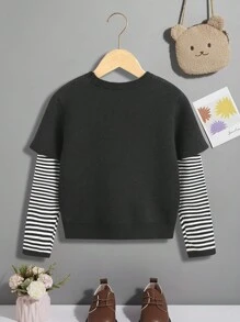 SHEIN Tween Girl Striped & Letter Pattern 2 In 1 Sweater - Multicolor - View 2