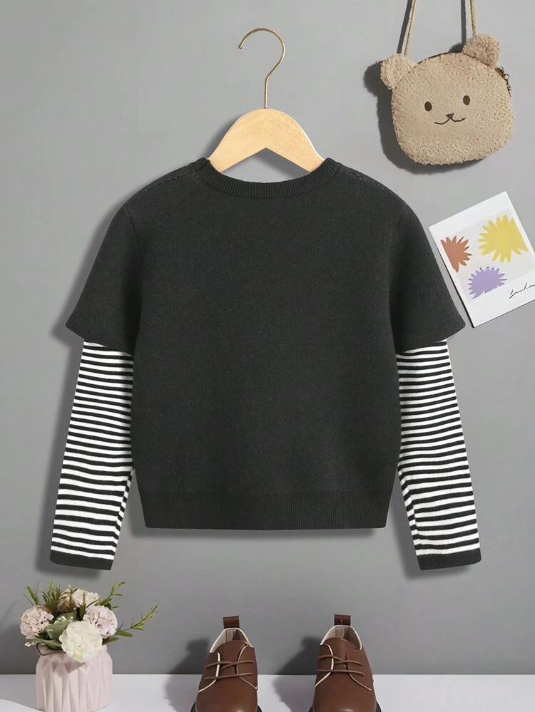 Tween Girl Striped & Letter Pattern 2 In 1 Sweater