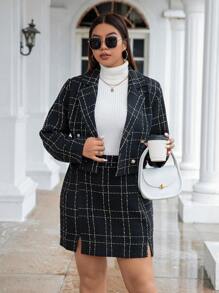 SHEIN Unity Plus Plaid Double Breasted Blazer & Split Hem Skirt, For Winter