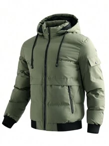 Manfinity Homme 宽松版型男士翻盖口袋抽绳连帽棉服时尚泡泡大衣，适合秋冬