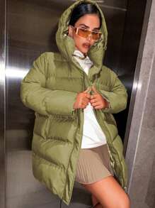 EURMUSE Màu thuần áo có mũ Của phụ nữ Giải trí Đệm Áo khoác - màu xanh lá - Xem 5