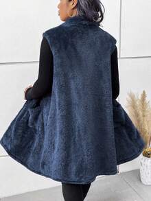 SHEIN LUNE 加翻領雙口袋泰迪馬甲保暖外套 - 藍色 - 查看 2