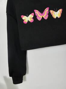 SHEIN Tween Girl Butterfly Print Crop Hooded Sweatshirt - Black - View 4