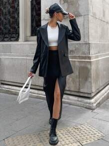 SHEIN Cottnline Black Concise And Elegant Pu Leather Suit, Including A Peak Lapel Long Sleeve Blazer And A High Waist Midi Pencil Skirt - Black - View 5