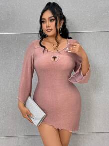 Allurite Talla grande Vestido ajustado con abertura delantera ribete en forma de lechuga - Rosa - Ver 5