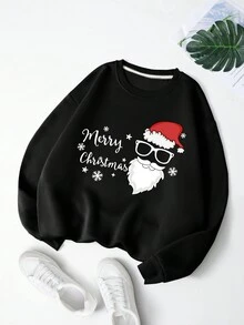 女大童聖誕圖案加絨內裏運動衫 - 黑色 - 查看 1