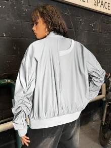 SHEIN EZwear Reflective Contrast Trim Zip Up Bomber Jacket - Light Grey - View 2